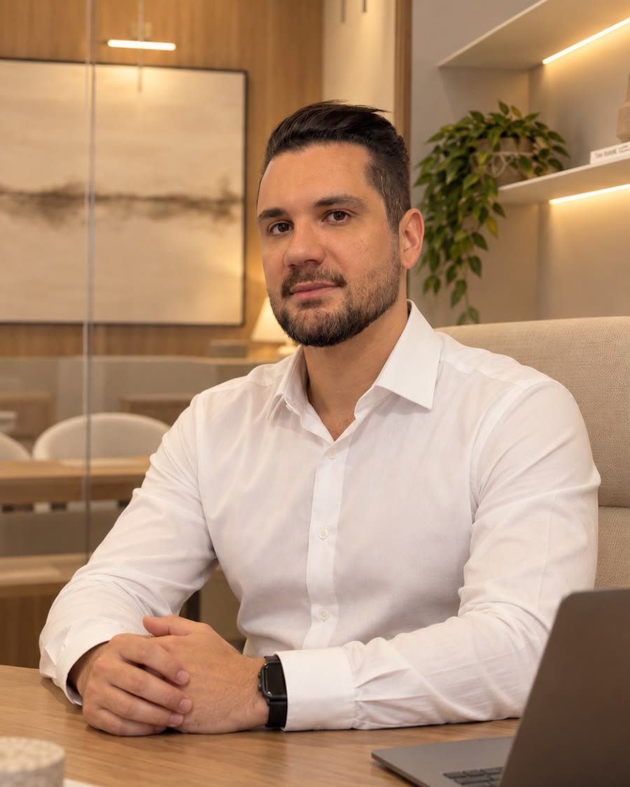 Luka Perrone, da LPM Seguros, sentado à mesa do escritório, de camisa branca